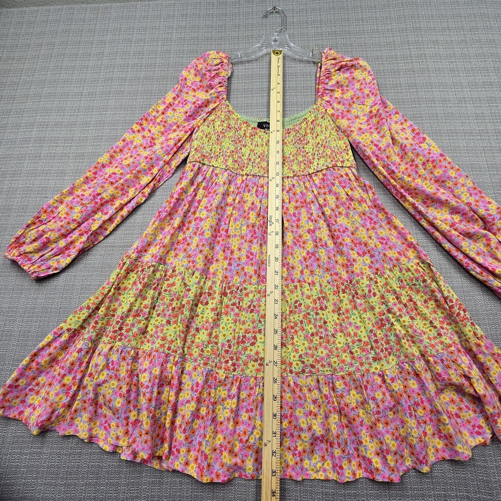 VICI Dress Womens Small Multicolor Floral Smocked Long Sleeve Boho Trapeze Swing - Picture 2 of 12